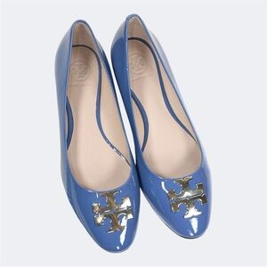 Tory Burch Raleigh Ballet Flats 7M Laguna Blue Leather Logo Bow Shoes